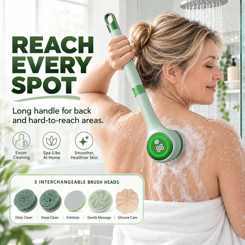 5-in-1 Electric Body Scrubber – Long Handle Shower Brush with 5 Interchangeable Heads